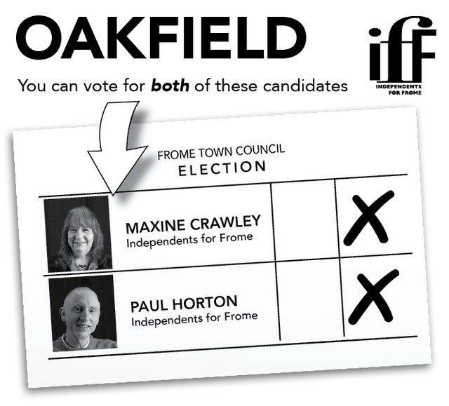 In Oakfield Ward you also have two votes for #Frome Town Council.  Your IfF candidates are Maxine Crawley and Paul Horton.