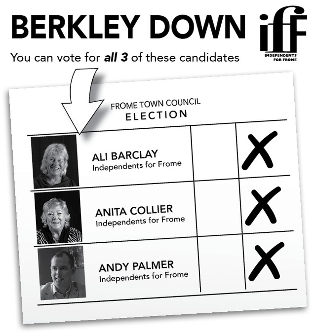 Those in Berkley Down Ward also have three votes for the Town Council, and the polling station is at #Frome Football Club.  Your IfF candidates are Ali Barclay, Anita Collier and Andy Palmer.